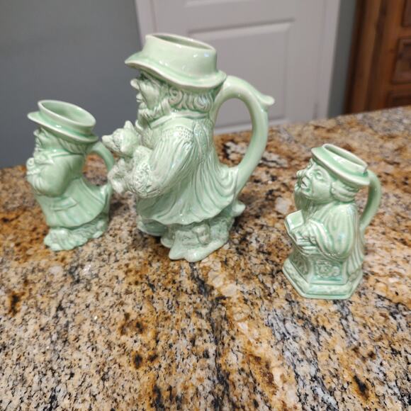 Vintage Unicorn Stamped Green Glazed Shepherd Stoneware Toby Jug Lot of 3 - Picture 6 of 13